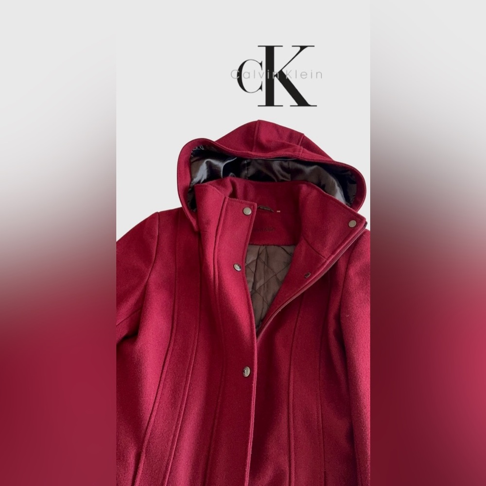 Calvin Klein Women's Wool Blend Burgundy Hooded Coat - Picture 6 of 10